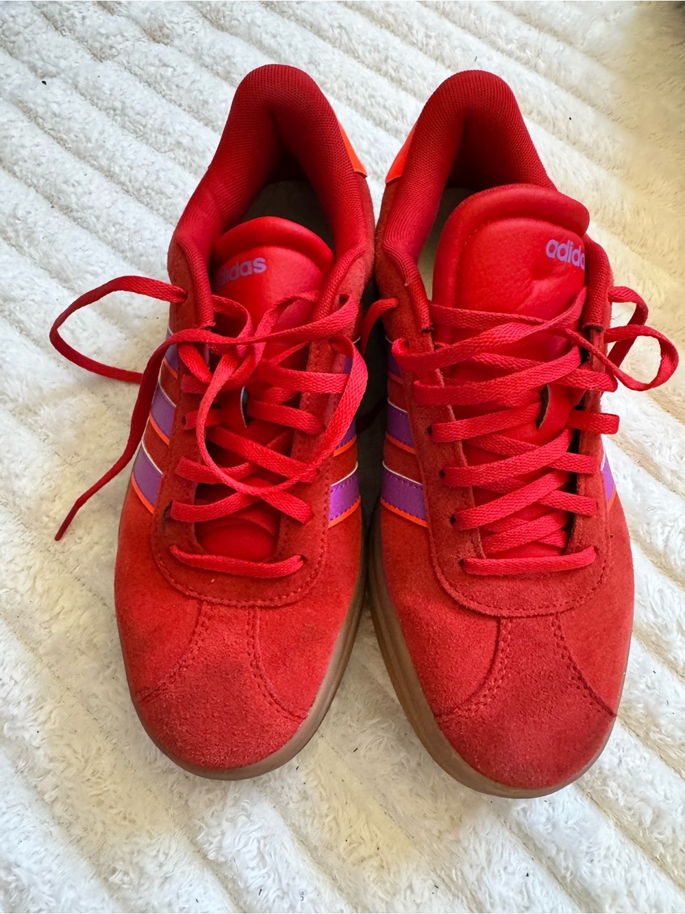 adidas Red Suede Platform Sneakers with Purple Stripes and Orange Heel - Picture 3 of 4